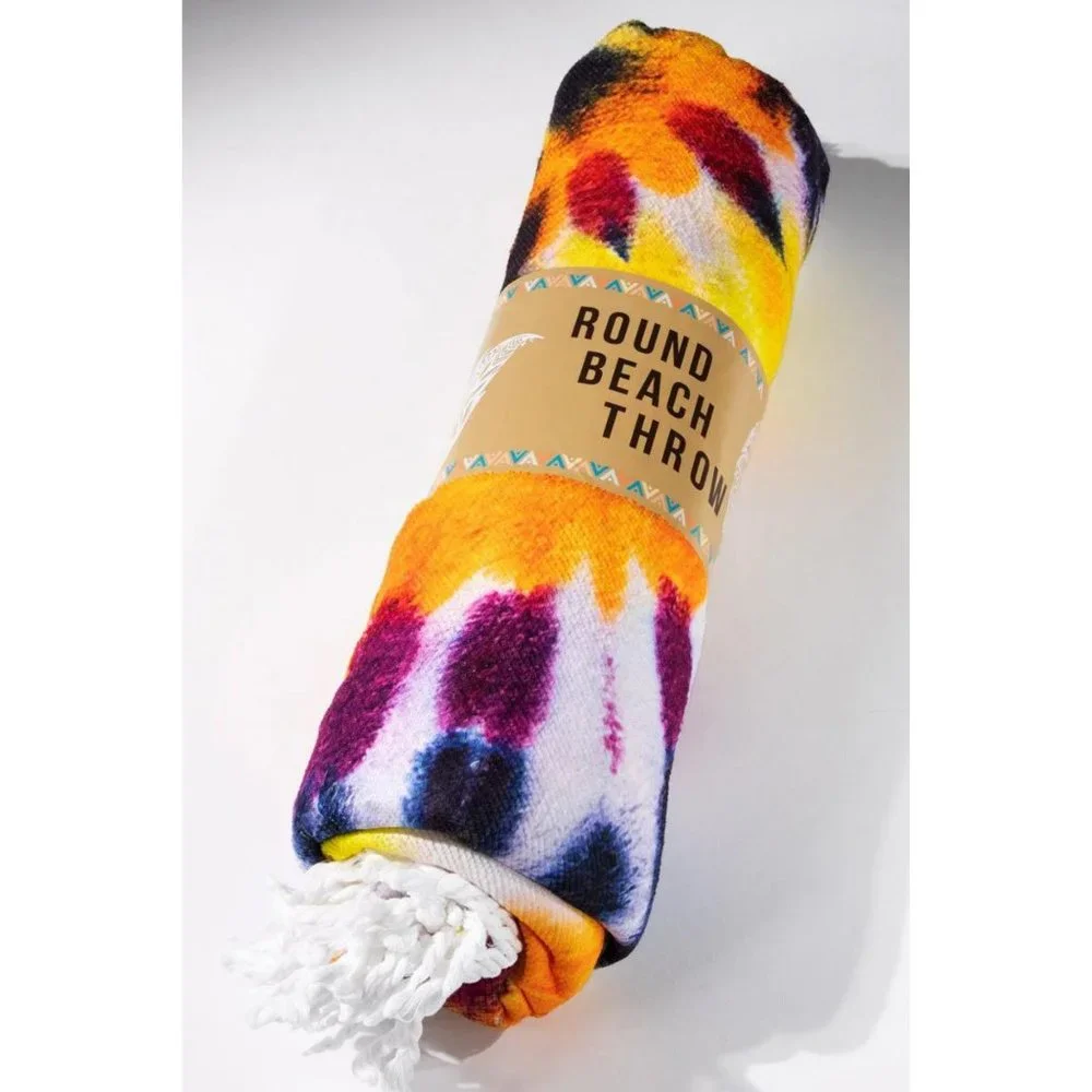 Tie-Dye Beach Towel From Ruggine Fringe Accents Large 58" Diameter Yellow Navy+ - Picture 3 of 3